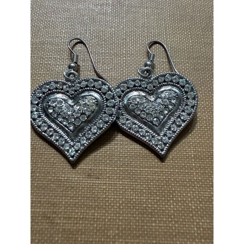 Silver-Tone Rhinestone Pave Heart Drop Earrings Vintage Style Dangle Fishhook